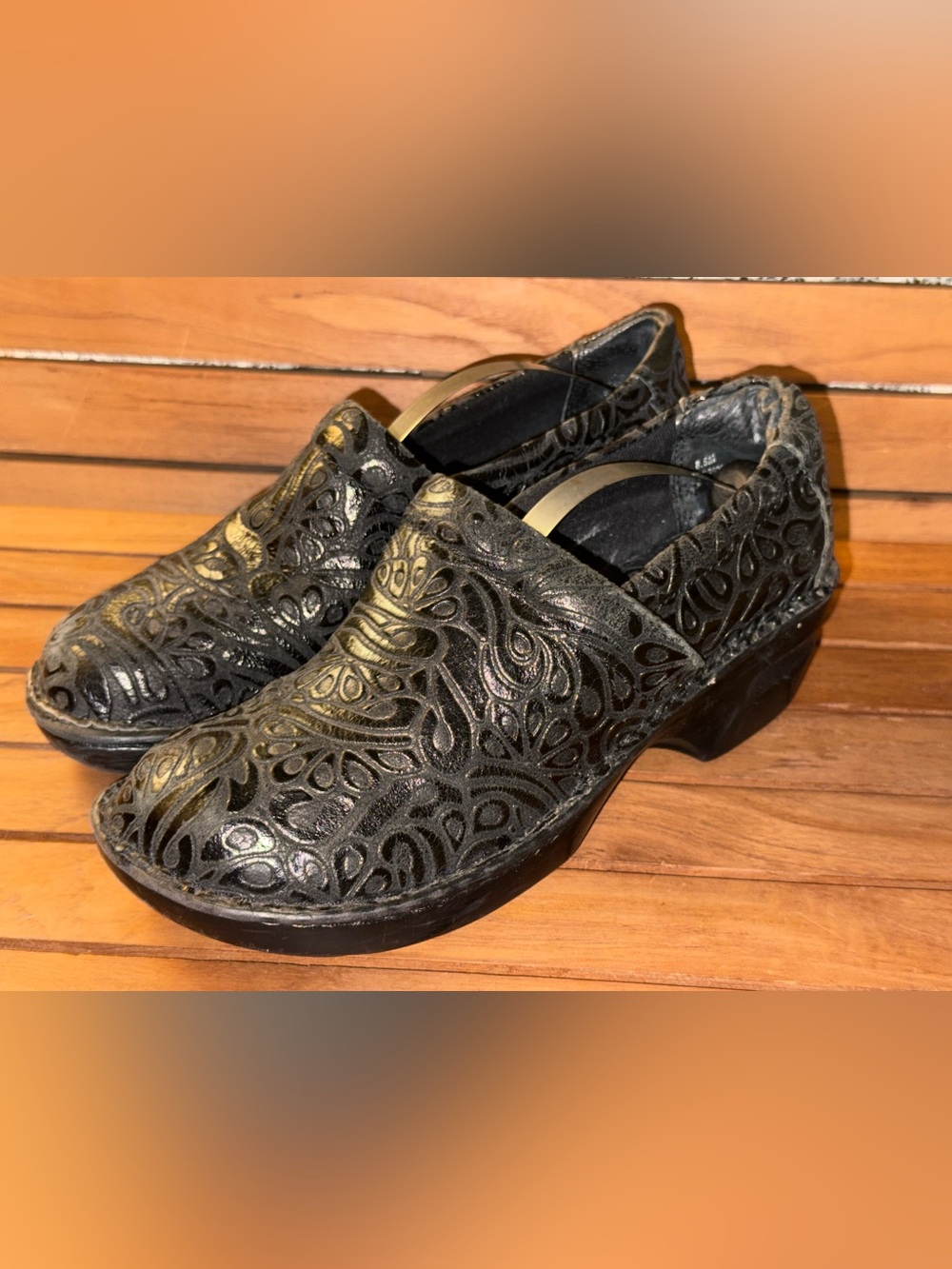 b.o.c. Black Paisley Embossed Leather Slip-On Clogs